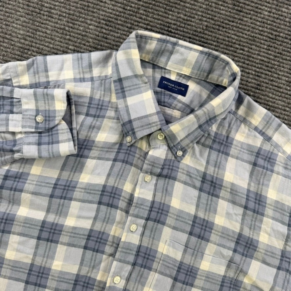 Proper Cloth Blue Cream Plaid Button Down Shirt Mens 19-31.5 Cotton Linen Blend